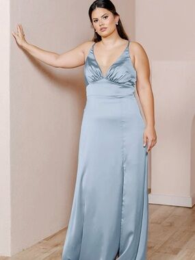 Revelry Slate Blue Satin V-Neck Prom Dress